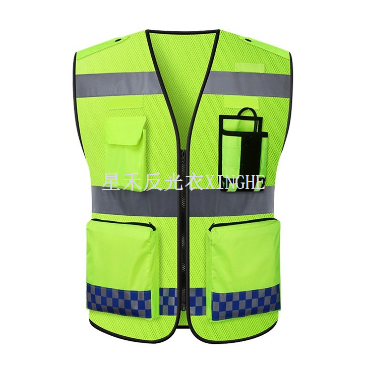 Oranje klasse 2 veiligheidsvest met hoge zichtbaarheid en 10 zakken