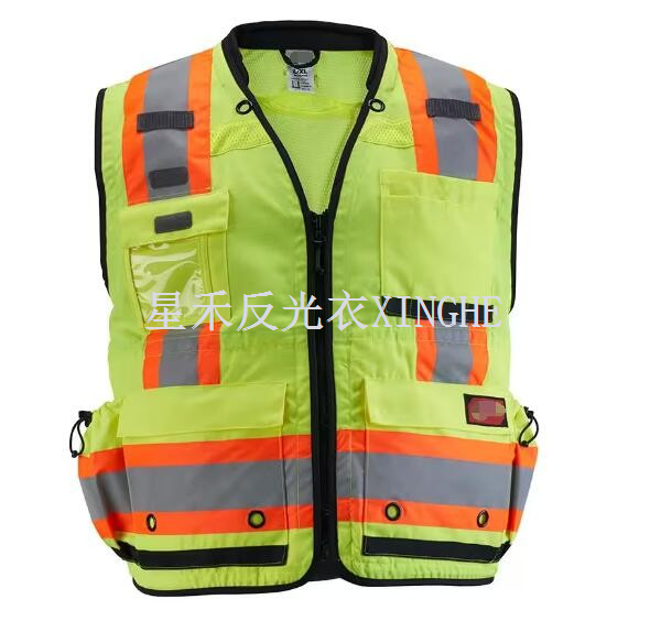 Geel klasse 2 landmetersveiligheidsvest met hoge zichtbaarheid en 27-zakken